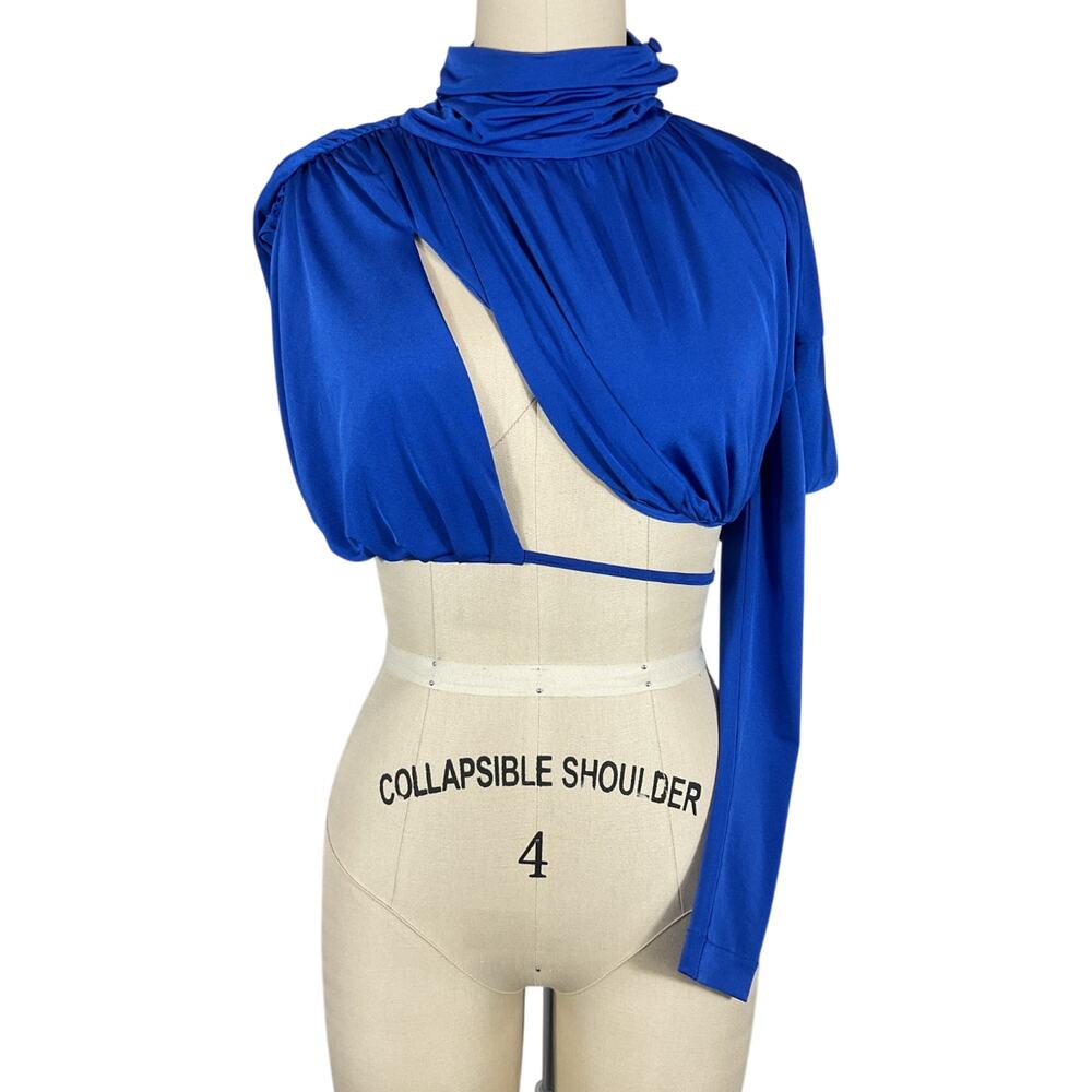Revolve Asymmetric Electric Blue Cutout Mock Neck Top Size XS - Picture 2 of 8